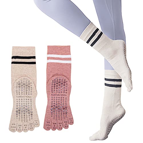 FOX-TECH 2 Paar Anti-Rutsch-Socken Yoga Socken, Rutschfeste ABS Socken für Damen, Yoga Pilates Socken, Antirutsch Sportsocken für Sport Yoga Pilates Gymnastik Trampolin (Rosa + Beige) von FOX-TECH