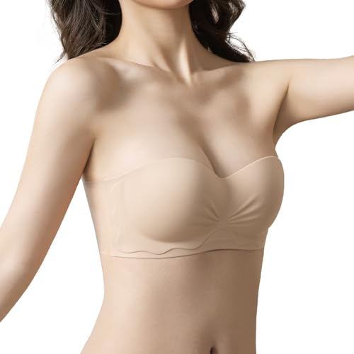 FOX-TECH Strapless Bras, Klebe BHS, Rückenfreier BH Damen, Rutschfestes Trägerloser BH Push Up(Beige,A) von FOX-TECH