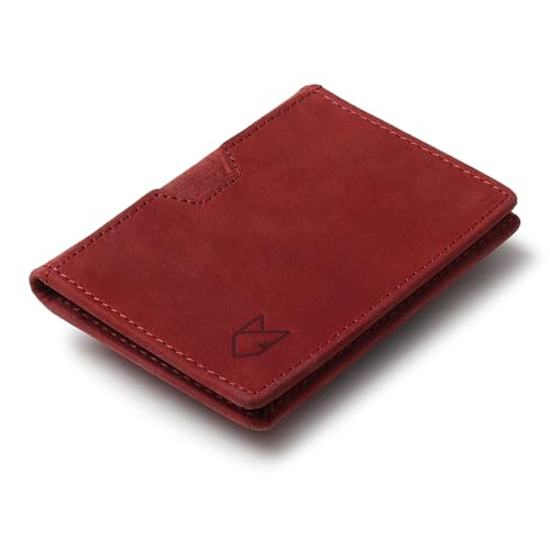 FOXHACKLE Leder Kreditkartenetui für Damen und Herren, dünne Bifold RFID Blocking Wallet, Slim Front Pocket Minimalist Card Holder Wallet, Small Card Case, Hunter Red, RFID-Geldbörse von FOXHACKLE