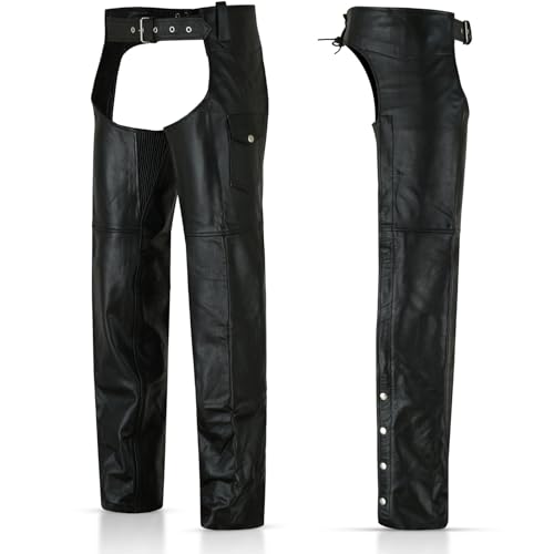 FOXKULL Schwarze Lederchaps für Herren, Motorrad, Biker, Kuhhaut, Vollnarbenleder, strapazierfähiges Leder, Schwarz, 102 cm FOXKULL Schwarze Lederchaps für Herren, Motorrad, Biker, Kuhhaut, Vollnarbenleder, strapazierfähiges Leder, Schwarz, 102 cm von FOXKULL