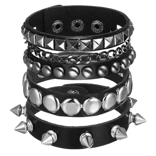 FOYTOKI 1 Satz Punk Lederarmband Set Mehrere Nietenarmbänder für Herren und Damen Verstellbare Manschetten für Halloween Cosplay und Alltag Hochwertigem Kunstleder Gefertigt von FOYTOKI