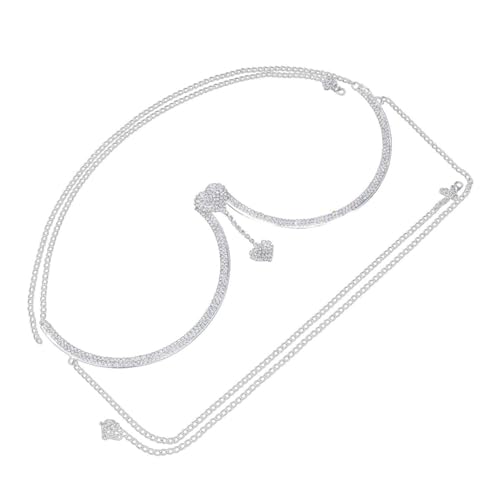 FOYTOKI Damen Körperkette mit Funkelndem Strass Herz Anhänger Verstellbarer Brustbügel Schmuck Silberner Körperschmuck für Festival Party Nachtclub und Strand Elegantes Design Langlebig von FOYTOKI