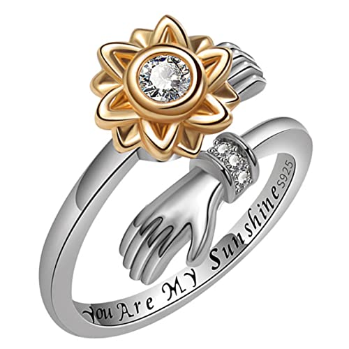 FOYTOKI Verstellbarer Sonnenblumen Ring Damen Silber Offener Umarmungsring Rotierender Statement Schmuck Accessoire Komfortabel Hautfreundlich Elegant von FOYTOKI