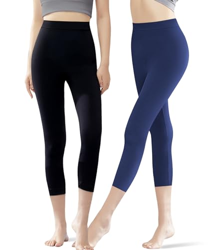 POWER FLOWER 2er-Pack Damen 3/4 Baumwoll-Leggings – Knielange Schwarze Leggings, Weich Atmungsaktiv Bequem für den Alltag (9075-Combo3, S-M) von POWER FLOWER