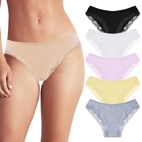 POWER FLOWER Damen-Brazilian-Slips mit Spitze – Weiche Baumwolle, frecher Schnitt – Bequeme und schmeichelhafte Damenunterwäsche (6507-Combo5, S-M) von POWER FLOWER