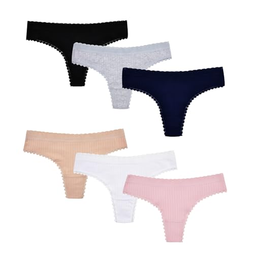 POWER FLOWER Damen Baumwollspitze Strings – T-Back Slips, Weiche Atmungsaktive Unterwäsche, Low Rise G-String Slips im Multipack (60091, L-XL) von POWER FLOWER