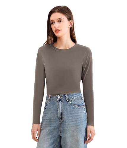 POWER FLOWER Damen Thermo-Langarmshirt – Rundhals, Fleecegefütterte Unterziehshirt, Weiche und Warme Thermounterwäsche (90055-Coffee, S-M) von POWER FLOWER