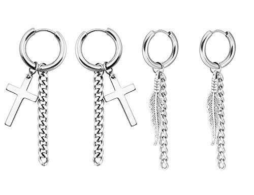 2 Paare Herren Creolen Ohrhänger Damen Kreuz Ohrringe Hoop Feder Ohrringe Kette Hängend Anhänger Ohrstecker Ohr-Piercing aus Edelstahl Titan Silber Jahrgang für Männer, Frauen von FPEAOB