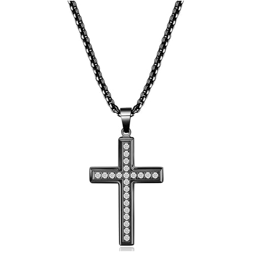 FPEAOB Kreuz Kette Herren Halskette Schwarz Kreuzkette Edelstahl Kette mit Kreuz Anhänger Zirconia Männer Ketten mit Geschenkbox Schmuck für Herren von FPEAOB