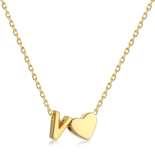 Herz Kette mit Buchstaben Kette Damen Halskette mit Herz Anhänger Buchstabenkette Gold Personalisiere Initialen A-Z Namenskette Herzkette Freundschaftskette Edelstahl Schmuck für Frauen Mädchen (V) von FPEAOB