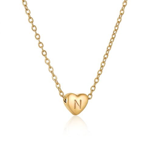 Kette Herz mit Buchstaben Halskette Damen Gold Kette Damen Personalisiere Kette mit Namen Initialen A-Z Edelstahl Herzkette Freundschaftskette Schmuck Geschenk für Frauen Mädchen Mama Freundin (N) von FPEAOB