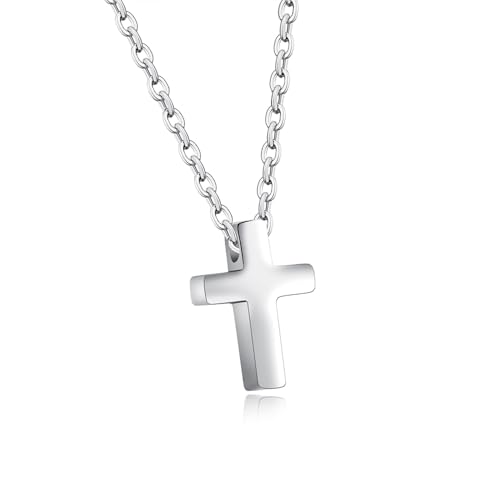 Kreuz Kette Damen, Kleines Kreuzkette Silber Damen Halskette mit Kreuzanhänger Edelstahl Kette mit Kreuz Anhänger Mini Silberkette mit Schmuck Geschenkbox für Kinder Jungs Mädchen Frauen von FPEAOB