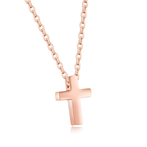Kreuz Kette für Damen Mädchen, Kette mit Kreuz Anhänger Klein, Rosegold Kreuzkette aus Edelstahl Kreuz Halskette mit Geschenkbox Weihnachten Geschenke Kleinigkeiten für Frauen Kinder Mädchen von FPEAOB