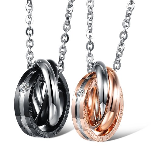 Paar Halskette Rings Anhänger Edelstahl Rosegold Schwarz Verliebte mit Gravur für Sie und Ihn Valentinstag, Jubiläumsgeschenk Paar Halskette Rings Anhänger Edelstahl Rosegold Schwarz Verliebte mit Gravur für Sie und Ihn Valentinstag, Jubiläumsgeschenk von FPEAOB