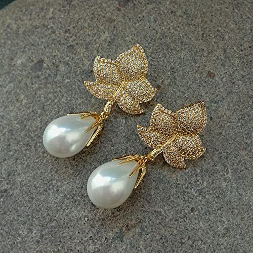 FQHIDMOMX 1.7'' Pearl Gold Plated Pave Leaf Stud Drop Earrings for women FQHIDMOMX 1.7'' Pearl Gold Plated Pave Leaf Stud Drop Earrings for women von FQHIDMOMX