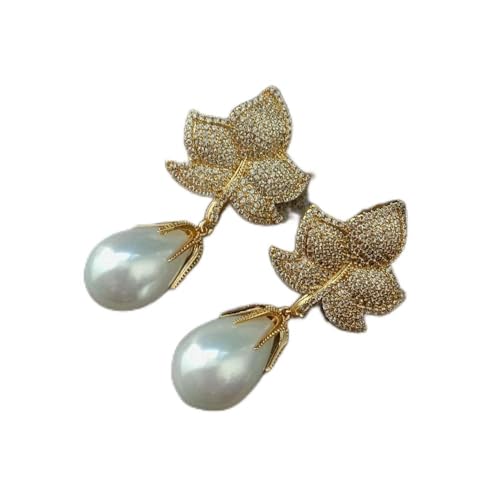 FQHIDMOMX 1.7'' Pearl Gold Plated Pave Leaf Stud Drop Earrings for women von FQHIDMOMX