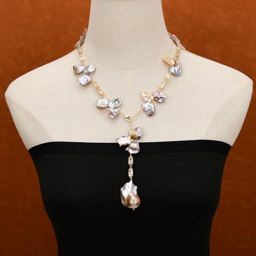 FQHIDMOMX 18'' Pearl Gold Plated Pave Rectangle Chain Necklace Real Baroque Pearl Pendant FQHIDMOMX 18'' Pearl Gold Plated Pave Rectangle Chain Necklace Real Baroque Pearl Pendant von FQHIDMOMX