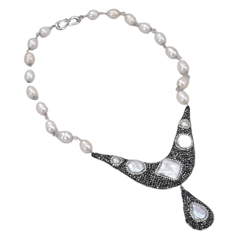 FQHIDMOMX 18'' White Rice Pearl White Keshi Pearl Necklace Biwa Pearl Pendant von FQHIDMOMX