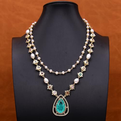 FQHIDMOMX 2 Rows White Pearl Rosary Chain Cubic Zirconia Chain Necklace Charm Green Quartz Pendant von FQHIDMOMX