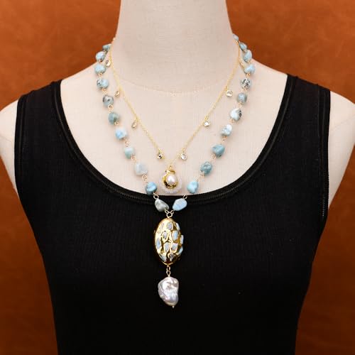 FQHIDMOMX 2 Strands Blue Gold Plated Chain Necklace Pearl Pendant von FQHIDMOMX