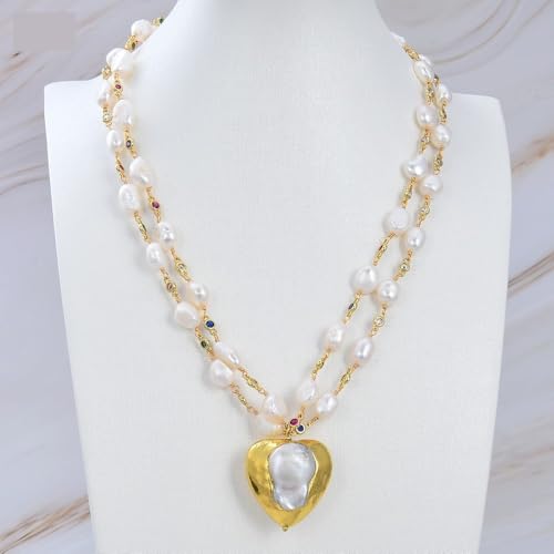 FQHIDMOMX 20" 2 Strands Freshwater White Baroque Pearl Multi Color Chain Heart Pearl Gold Color Plated Pendant Necklace FQHIDMOMX 20" 2 Strands Freshwater White Baroque Pearl Multi Color Chain Heart Pearl Gold Color Plated Pendant Necklace von FQHIDMOMX