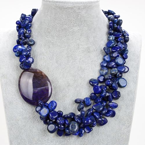 FQHIDMOMX 20'' 4 Rows Blue Lapis lazuli Top-Drilled Stone Big Agate Chunky Slice Necklace Multi Strands For Women von FQHIDMOMX