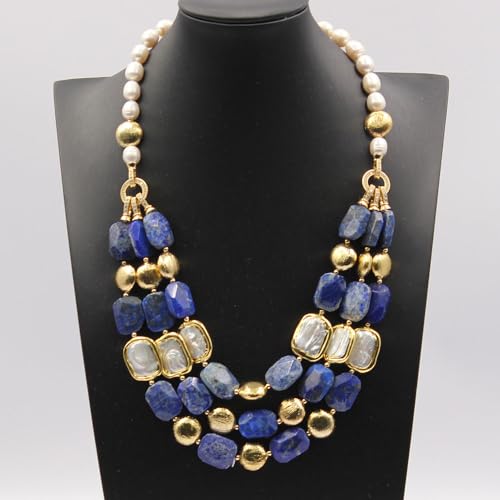 FQHIDMOMX 3 Rows Blue Freshwater White Square Keshi Pearl Necklace 21" For Women von FQHIDMOMX