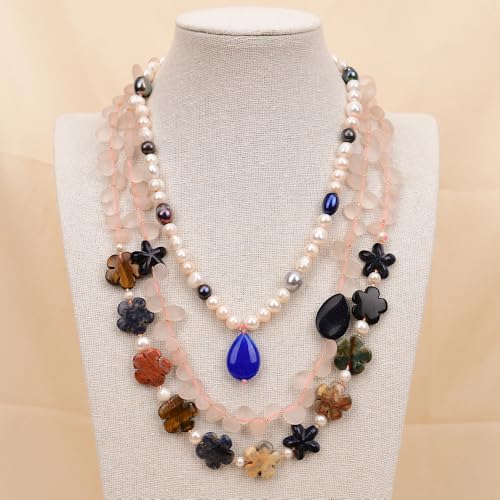 FQHIDMOMX 3 Rows Mix Stone Rose Quartz Pearl Jasper Gems Necklace von FQHIDMOMX