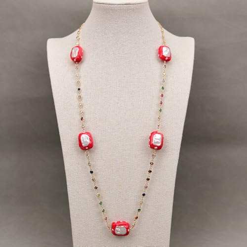 FQHIDMOMX 32'' Rectangle Shaped White Keshi Pearl Red Enamel Glaze Colorful Zirconia Paved Chain Long Necklace von FQHIDMOMX