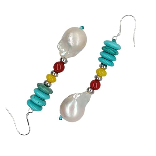 FQHIDMOMX Blue Disc Freshwater White Keshi Pearl Agate Silver Hook Earrings von FQHIDMOMX