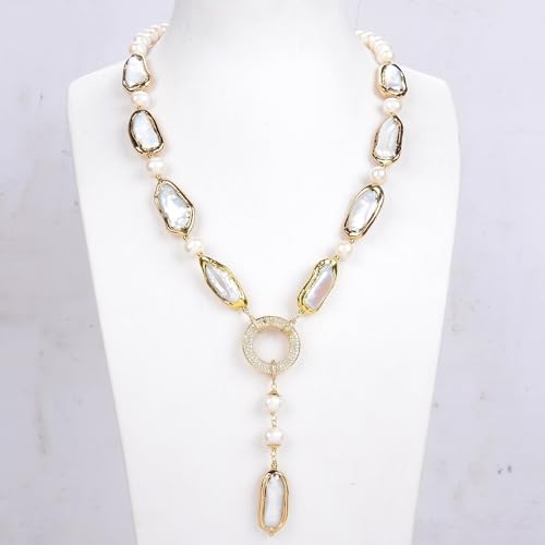 FQHIDMOMX Freshwater Cultured White Biwa Pearl Rectangle Round Pearl Y-Drop Necklace 18.5" von FQHIDMOMX