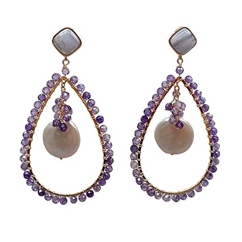 FQHIDMOMX Teardrop Round Amethyst Gold filled plated White Coin Pearl Purple Blue Lace Agates Earrings von FQHIDMOMX