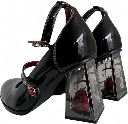 Damen Lackleder Plattform Mary Janes Kleid Pumps Gothic Low Chunky Absatz Schuhe Süße Lolita geschlossene Zehe Knöchel Verstellbarer Armband von FQLGJMY