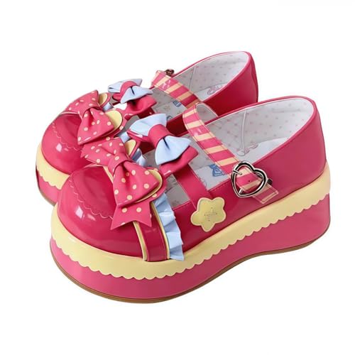Damen niedliche Bowknot Mary Jane Flache Schuhe süße Lolita Stil mit Plattform Fersen Knöchelgurt geschlossene Zehe Süßigkeiten Farbe Strappy Bow Spitze Party Kleid Schuhe für süße coole Mädchen von FQLGJMY