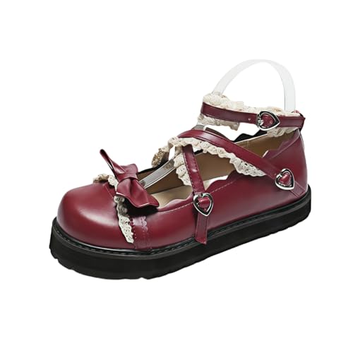 Damen niedliche Bowknot Mary Jane Flache Schuhe süße Lolita Stil mit Plattform Fersen Knöchelgurt geschlossene Zehe Süßigkeiten Farbe Strappy Bow Spitze Party Kleid Schuhe für süße coole Mädchen Damen niedliche Bowknot Mary Jane Flache Schuhe süße Lolita Stil mit Plattform Fersen Knöchelgurt geschlossene Zehe Süßigkeiten Farbe Strappy Bow Spitze Party Kleid Schuhe für süße coole Mädchen von FQLGJMY