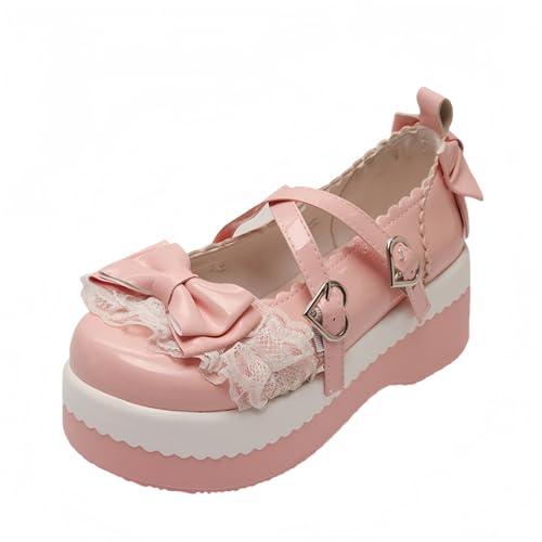 Damen niedliche Bowknot Mary Jane Flache Schuhe süße Lolita Stil mit Plattform Fersen Knöchelgurt geschlossene Zehe Süßigkeiten Farbe Strappy Bow Spitze Party Kleid Schuhe für süße coole Mädchen Damen niedliche Bowknot Mary Jane Flache Schuhe süße Lolita Stil mit Plattform Fersen Knöchelgurt geschlossene Zehe Süßigkeiten Farbe Strappy Bow Spitze Party Kleid Schuhe für süße coole Mädchen von FQLGJMY