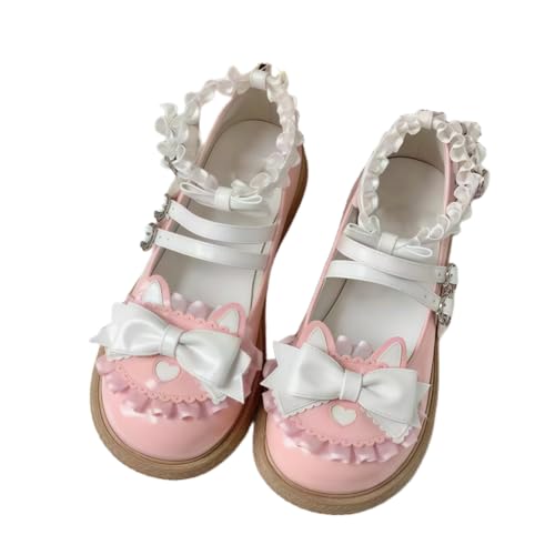 Damen niedliche Bowknot Mary Jane Flache Schuhe süße Lolita Stil mit Plattform Fersen Knöchelgurt geschlossene Zehe Süßigkeiten Farbe Strappy Bow Spitze Party Kleid Schuhe für süße coole Mädchen Damen niedliche Bowknot Mary Jane Flache Schuhe süße Lolita Stil mit Plattform Fersen Knöchelgurt geschlossene Zehe Süßigkeiten Farbe Strappy Bow Spitze Party Kleid Schuhe für süße coole Mädchen von FQLGJMY