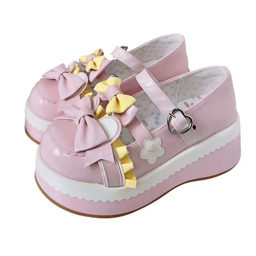 Damen niedliche Bowknot Mary Jane Flache Schuhe süße Lolita Stil mit Plattform Fersen Knöchelgurt geschlossene Zehe Süßigkeiten Farbe Strappy Bow Spitze Party Kleid Schuhe für süße coole Mädchen von FQLGJMY