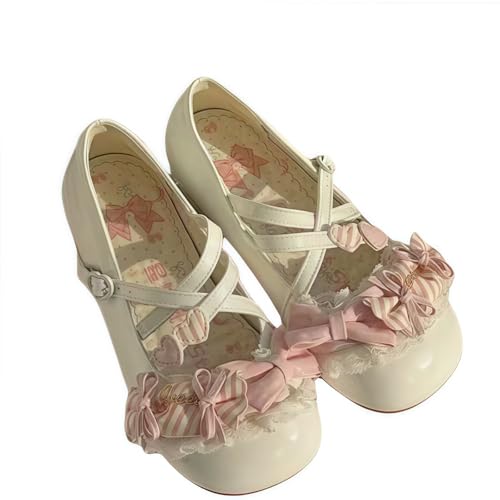 Damen niedliche Bowknot Mary Jane Flache Schuhe süße Lolita Stil mit Plattform Fersen Knöchelgurt geschlossene Zehe Süßigkeiten Farbe Strappy Bow Spitze Party Kleid Schuhe für süße coole Mädchen von FQLGJMY