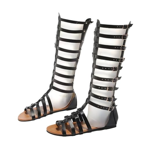 FQLGJMY Damen Knie High Roman Cut Out Gladiator Sandalen Sommer Casual Knöchelgurt offene Zehe atmungsaktive Rücken Reißverschluss niedrigen Absatz Sandalen von FQLGJMY