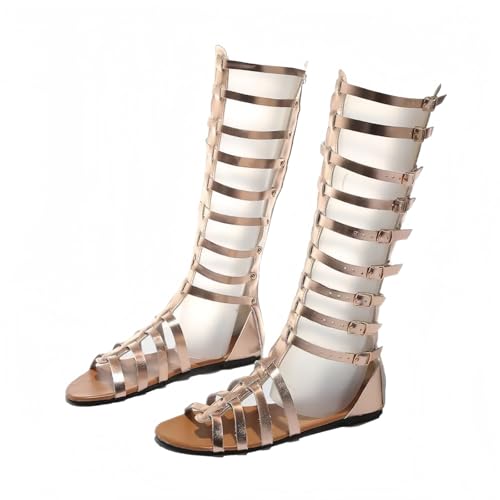 FQLGJMY Damen Knie High Roman Cut Out Gladiator Sandalen Sommer Casual Knöchelgurt offene Zehe atmungsaktive Rücken Reißverschluss niedrigen Absatz Sandalen von FQLGJMY
