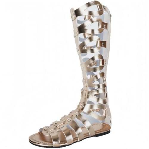 FQLGJMY Damen Knie High Roman Cut Out Gladiator Sandalen Sommer Casual Knöchelgurt offene Zehe atmungsaktive Rücken Reißverschluss niedrigen Absatz Sandalen von FQLGJMY