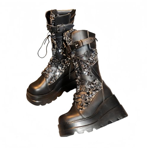 FQLGJMY Damen Knie hohe Keil Plattform Stiefel mit Chunky hohe Plattform Absatz Spitze Up & Reißverschluss Punk Goth Mitte Kalb Kampfstiefel Motorrad Stiefel mit Metallschnallen für Herbst Winter von FQLGJMY