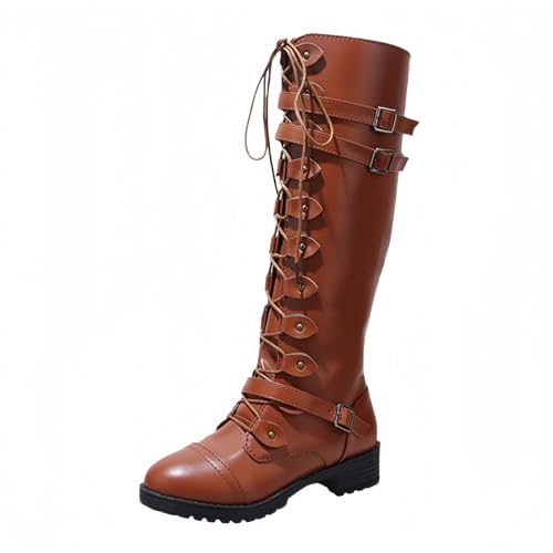 FQLGJMY Damen Knie hohe Keil Plattform Stiefel mit Chunky hohe Plattform Absatz Spitze Up & Reißverschluss Punk Goth Mitte Kalb Kampfstiefel Motorrad Stiefel mit Metallschnallen für Herbst Winter von FQLGJMY