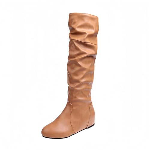 FQLGJMY Damen Knie hohe Keil Plattform Stiefel mit Chunky hohe Plattform Absatz Spitze Up & Reißverschluss Punk Goth Mitte Kalb Kampfstiefel Motorrad Stiefel mit Metallschnallen für Herbst Winter von FQLGJMY