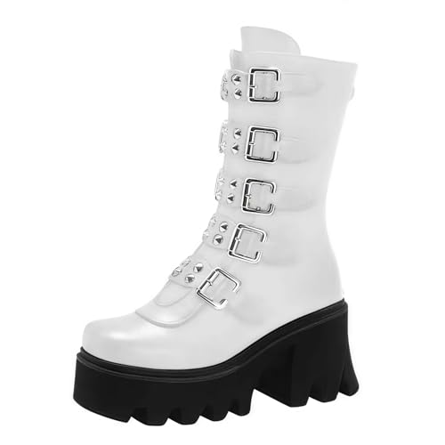 FQLGJMY Damen Knie hohe Keil Plattform Stiefel mit Chunky hohe Plattform Absatz Spitze Up & Reißverschluss Punk Goth Mitte Kalb Kampfstiefel Motorrad Stiefel mit Metallschnallen für Herbst Winter von FQLGJMY