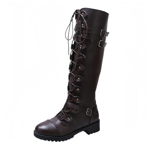 FQLGJMY Damen Knie hohe Keil Plattform Stiefel mit Chunky hohe Plattform Absatz Spitze Up & Reißverschluss Punk Goth Mitte Kalb Kampfstiefel Motorrad Stiefel mit Metallschnallen für Herbst Winter von FQLGJMY