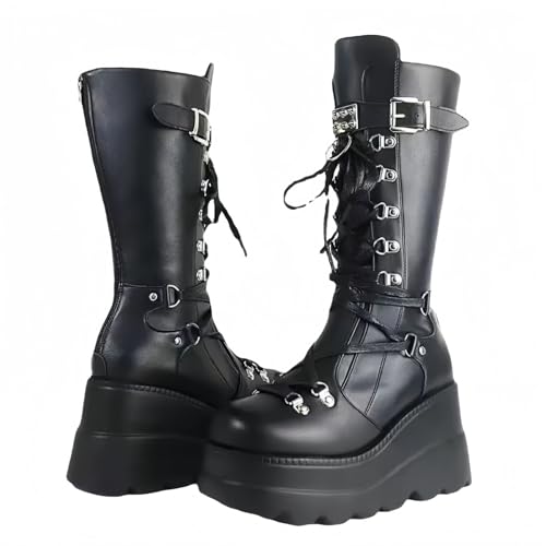 FQLGJMY Damen Knie hohe Keil Plattform Stiefel mit Chunky hohe Plattform Absatz Spitze Up & Reißverschluss Punk Goth Mitte Kalb Kampfstiefel Motorrad Stiefel mit Metallschnallen für Herbst Winter von FQLGJMY