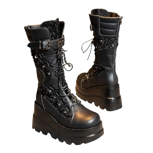 FQLGJMY Damen Knie hohe Keil Plattform Stiefel mit Chunky hohe Plattform Absatz Spitze Up & Reißverschluss Punk Goth Mitte Kalb Kampfstiefel Motorrad Stiefel mit Metallschnallen für Herbst Winter von FQLGJMY