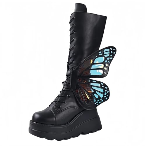 FQLGJMY Damen Knie hohe Keil Plattform Stiefel mit Chunky hohe Plattform Absatz Spitze Up & Reißverschluss Punk Goth Mitte Kalb Kampfstiefel Motorrad Stiefel mit Metallschnallen für Herbst Winter von FQLGJMY